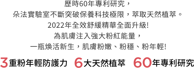 歷時60年專利研究，朵法實驗室不斷突破保養科技極限，萃取天然植萃。